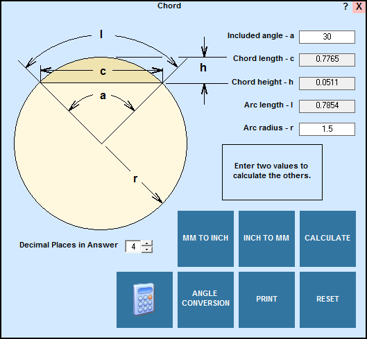 Chord geometry and circular segment calculator in EditCNC