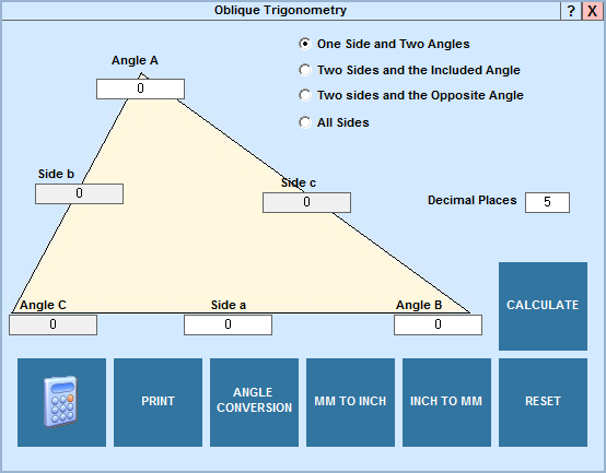 Oblique triangle calculator in the EditCNC version of Machinist's Calculator.